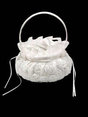 White Satin Flower Girl Basket With Ribbon & Rosette Details For Wedding Ceremon